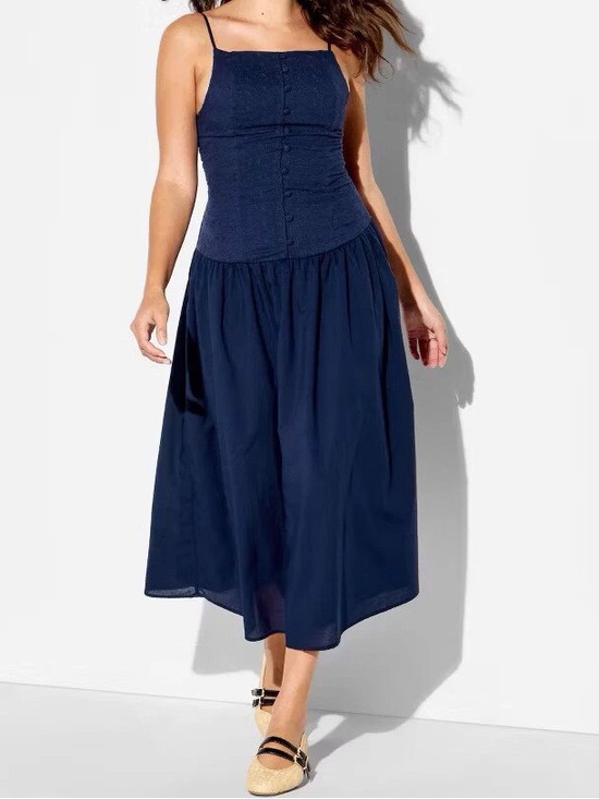 Dresses & Skirts - Square-Neck Navy Midi Dress with Button-Front Bodice